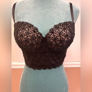 BEBE Black‎ Beaded Lace Bustier Crop Top - Size L Whimsigoth Witchy Vampy Y2K